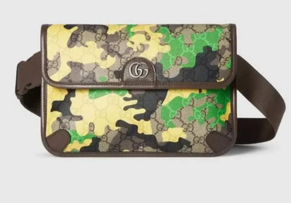 Gucci GG Supreme Camouflage Green Yellow Camo Belt Bag Crossbody Clutch 90 NWT